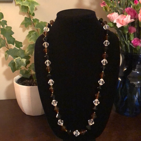 Vintage Chunky Necklace Black-Brown-Clear Beads Lightweight - Picture 1 of 4